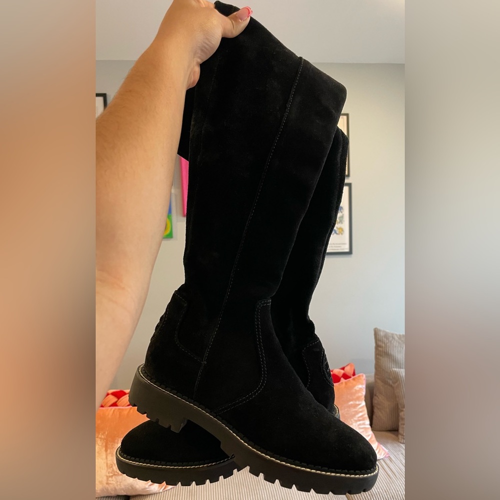 Tory Burch Black Suede Over-the-Knee Lug Sole Boots